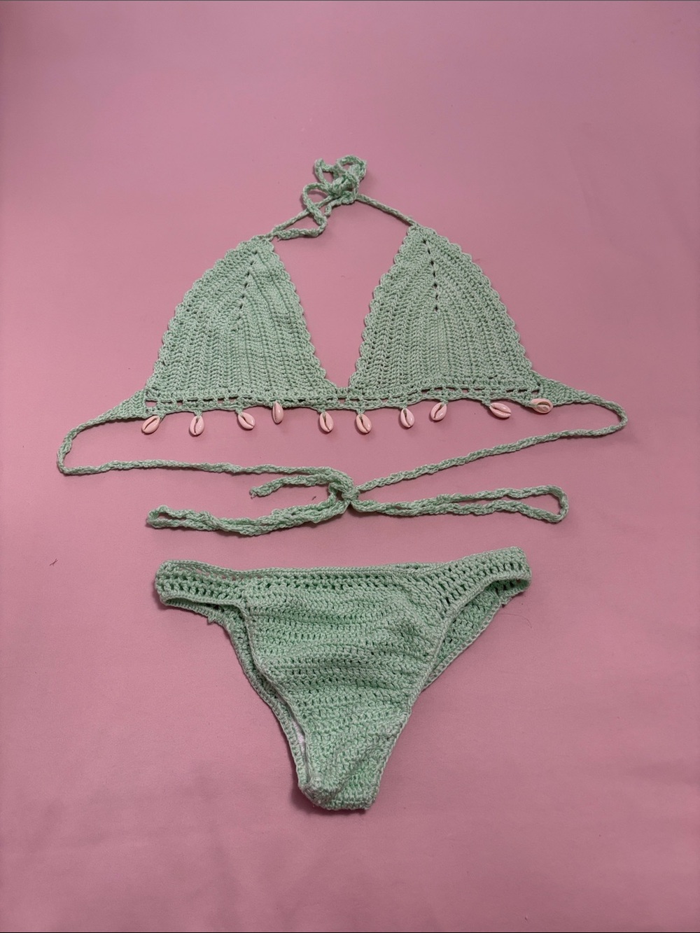 Handmade Crochet Bikini Set with Shell Trim - Mint Green